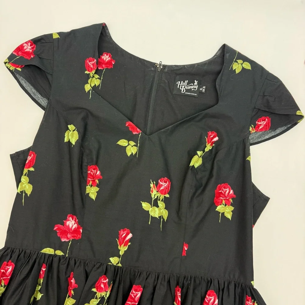 Hell Bunny Antonia Mid Dress Rose Print Floral Fit Flare Retro Pinup Rockabilly - Picture 6 of 16